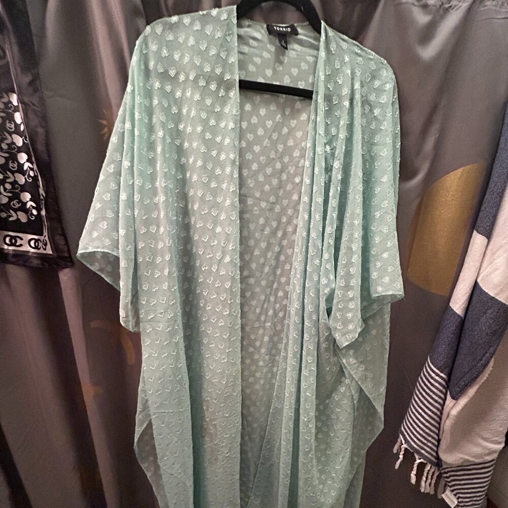 Torrid Sea Green Heart Embroidered Sheer‎ Cover-Up Kimono 2X Kawaii CUTE